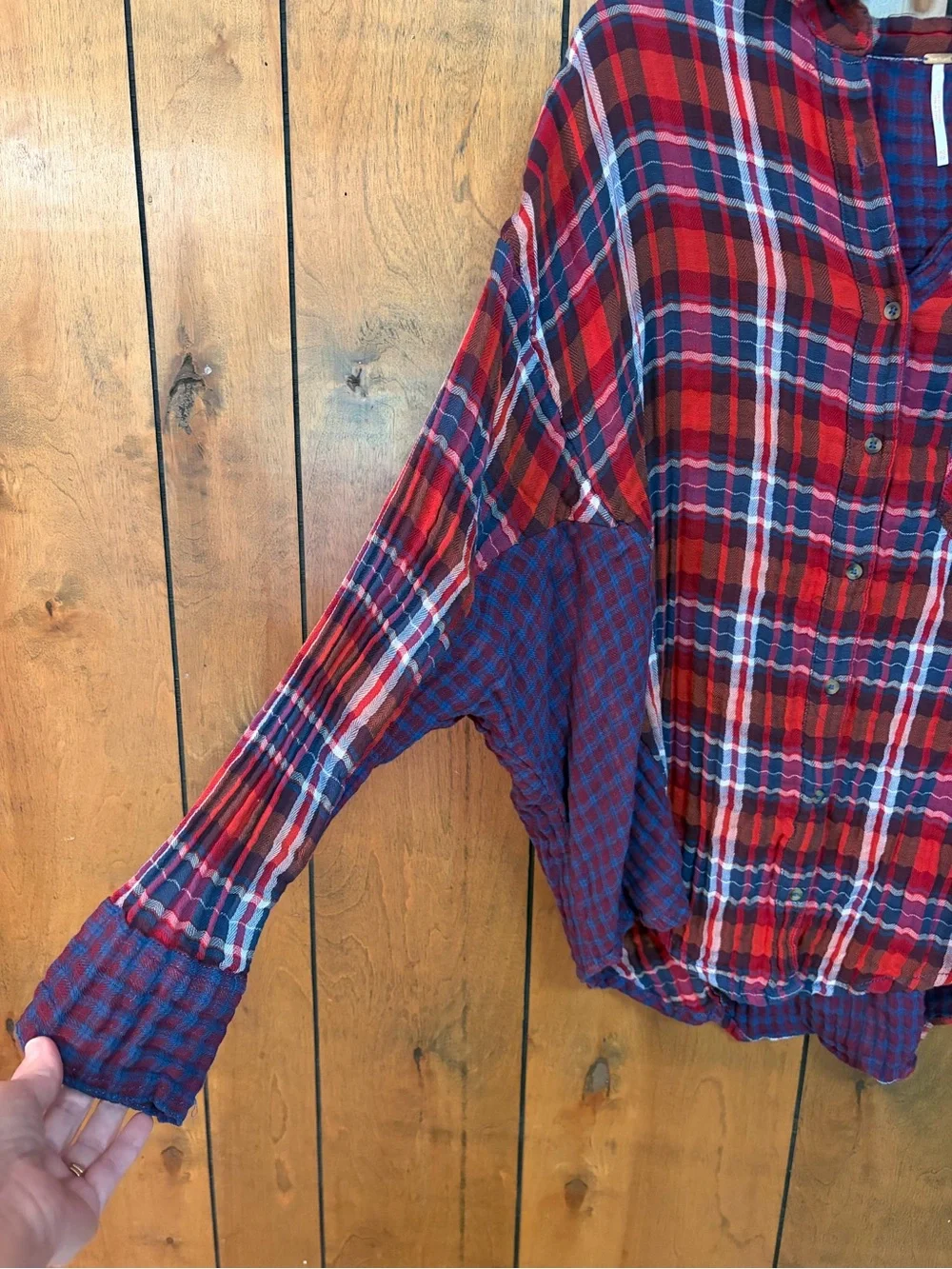 Free People Burgundy and Navy Plaid Button-Up Shirt